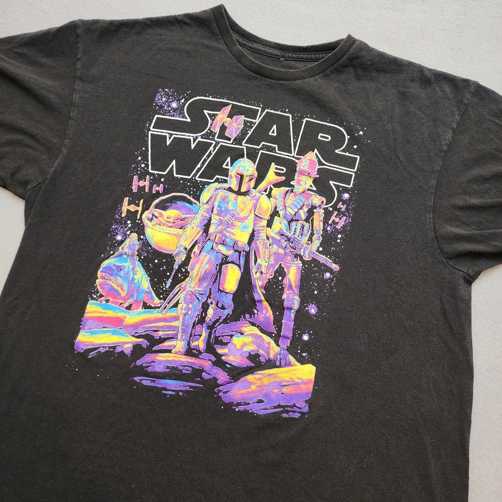 Star Wars The Mandalorian Mad Engine Mens XL Black Neon Graphic T-Shirt Grogu